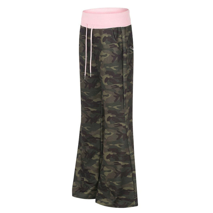 Women's Palazzo lounge pants with high rolled waistband, drawstring, and camouflage pattern Mune Fashion