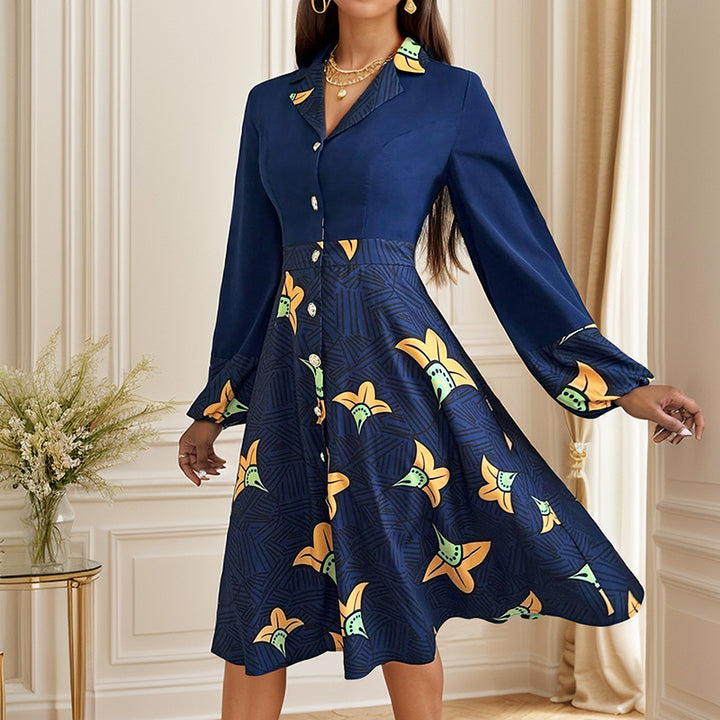 Women Elegant Midi Dress with Floral Pattern and Button Placket Mune Fashion