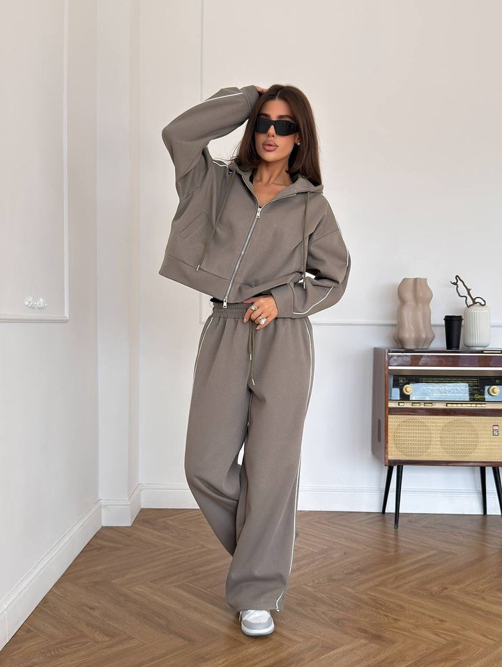 Women's Casual Two-Piece Lounge Set with Oversized Zip Jacket and Wide Drawstring Pants Waist Mune Fashion