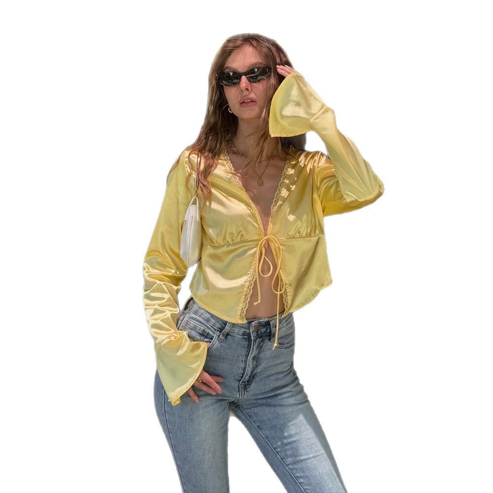 Women's Tailored Satin Blouse with Corset Seam, Shirt Collar & Ruffled Hem Mune Fashion