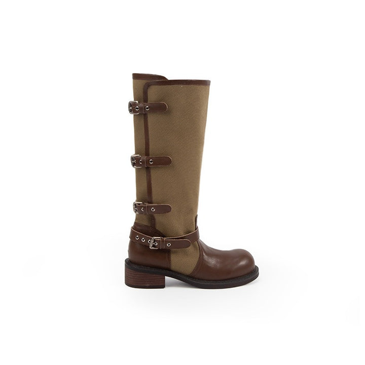Ladies knee-high leather-canvas boots with adjustable buckles Mune Fashion