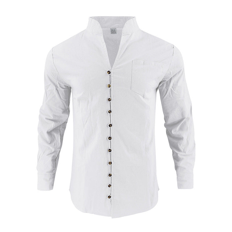 Men's shirt with stand-up collar and asymmetrical button placket made of linen mix Mune Fashion