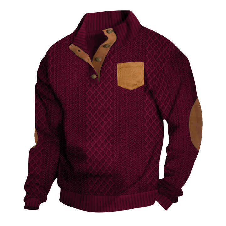 Men's Structured Cable Knit Sweatshirt with Half Button Placket, Faux Leather Patch Pocket & Elbow Patches Mune Fashion