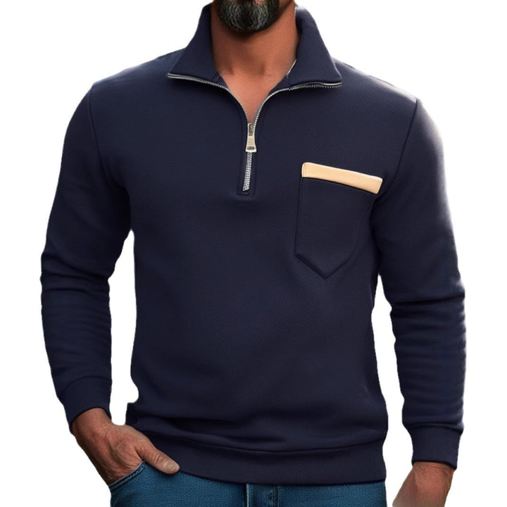 Men's finely structured half-zip fine knit pullover with stand-up collar, chest pocket, and slim silhouette Mune Fashion