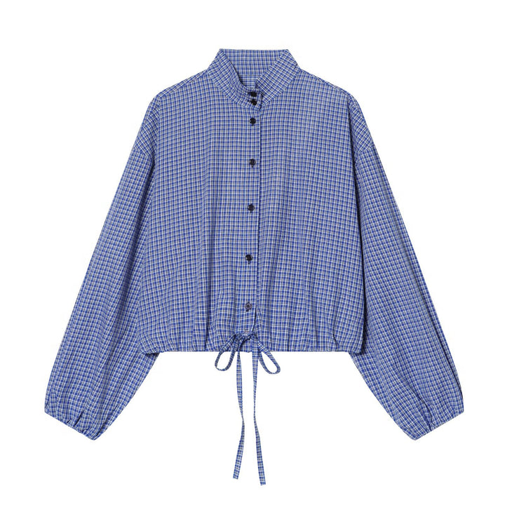 Ladies Checkered Short Shirt with Stand-Up Collar, Drawstring and Balloon Sleeves Mune Fashion