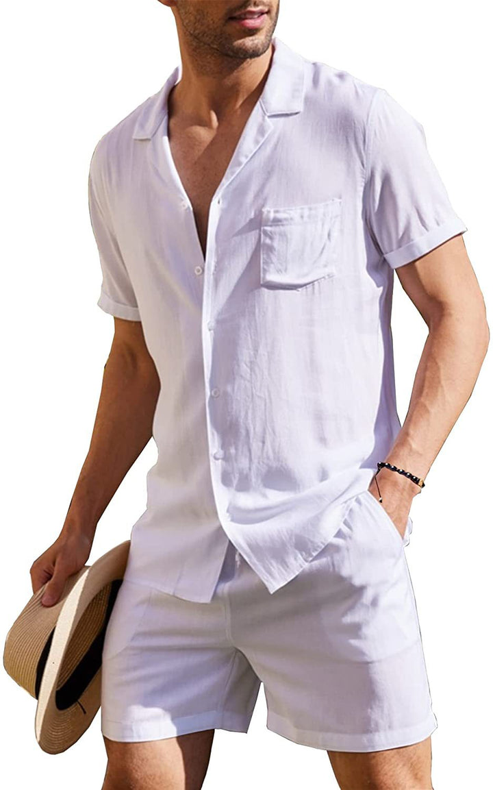 Men's two-piece summer casual ensemble with open collar shirt and elastic shorts Mune Fashion