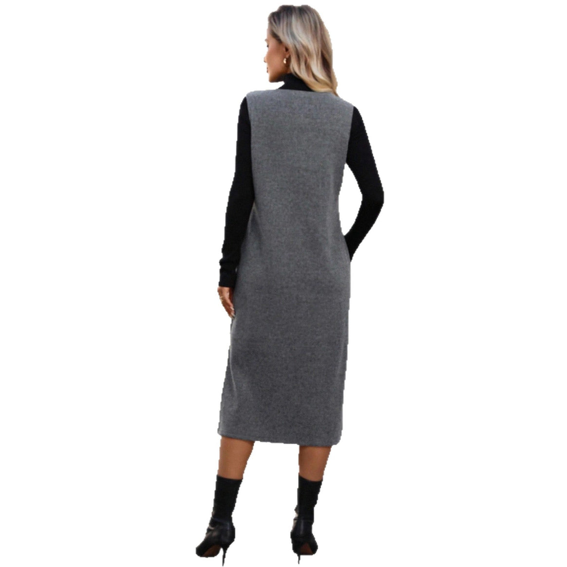 Women’s Sleeveless Wool Blend Midi Dress with Deep V-Neck and Straight Cut Mune Fashion