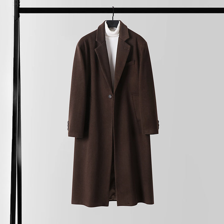 Men's Tailored Wool Blend Long Coat with Shawl Collar and One Button Closure Mune Fashion