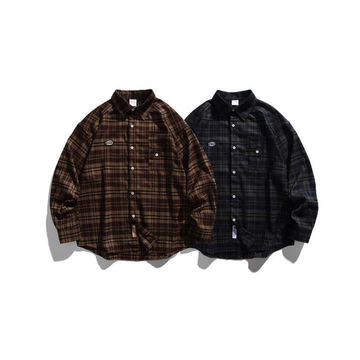 Unisex Loose Check Flannel Shirt in Wide Cut with Raglan Sleeves and Breast Flap Pocket Mune Fashion