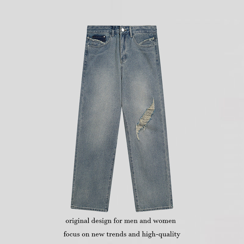 Women's Wide High-Cut Denim Jeans with Straight Leg and Destroyed Detail Mune Fashion