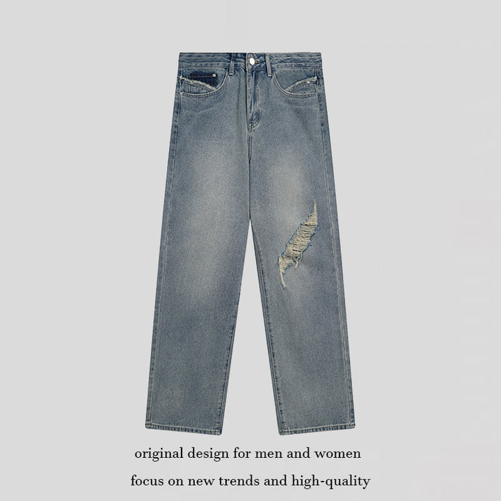 Women's Wide High-Cut Denim Jeans with Straight Leg and Destroyed Detail Mune Fashion