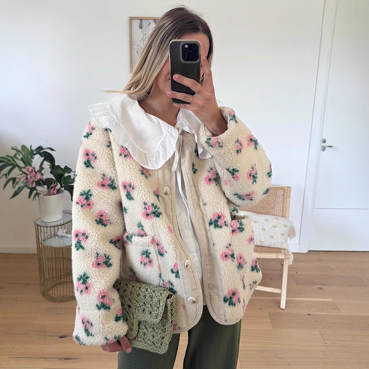 Women's teddy fleece jacket with floral print, cord placket, patch pockets, and oversized lace collar Mune Fashion