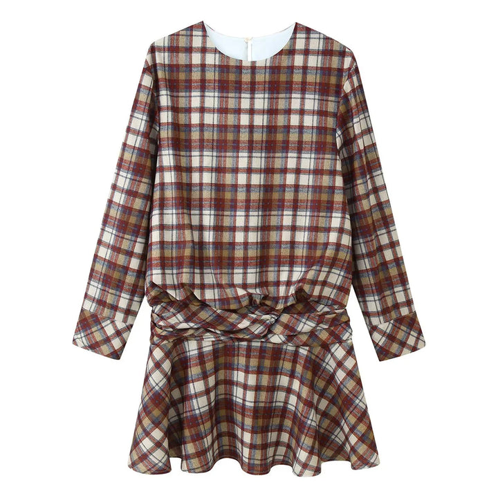 Women's checkered long-sleeve mini dress with twisted waist panel and flared skirt Mune Fashion