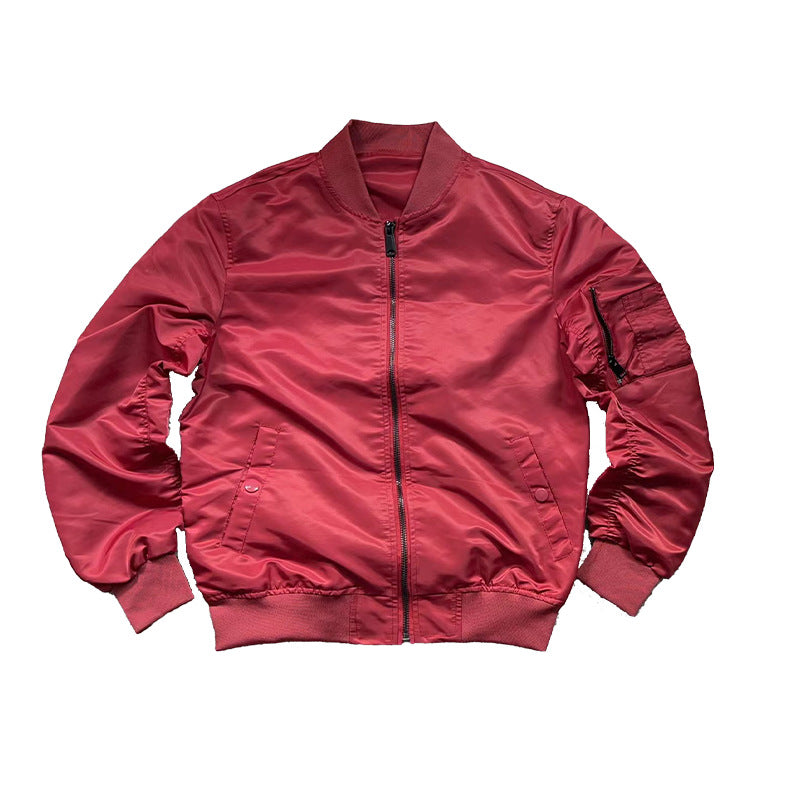 Men's lightweight nylon bomber jacket with sleeve zipper pocket and elastic cuffs