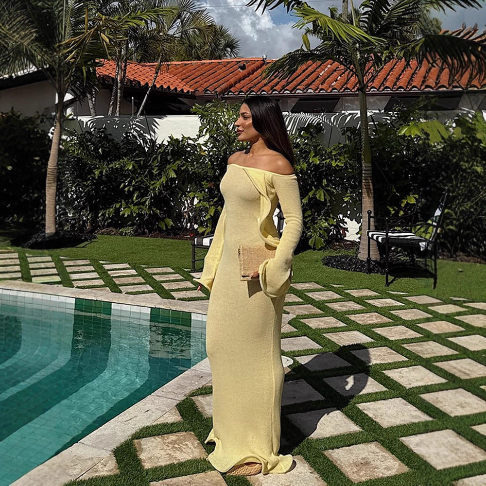 Women's Figure-Hugging Knit Maxi Dress with Off-the-Shoulder Neckline and Flared Sleeves Mune Fashion