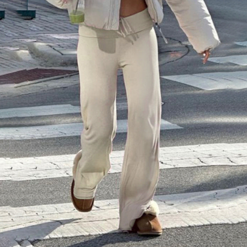 Women's soft high-waist lounge pants made of cotton blend with elastic comfort waistband, drawstring, and straight leg Mune Fashion