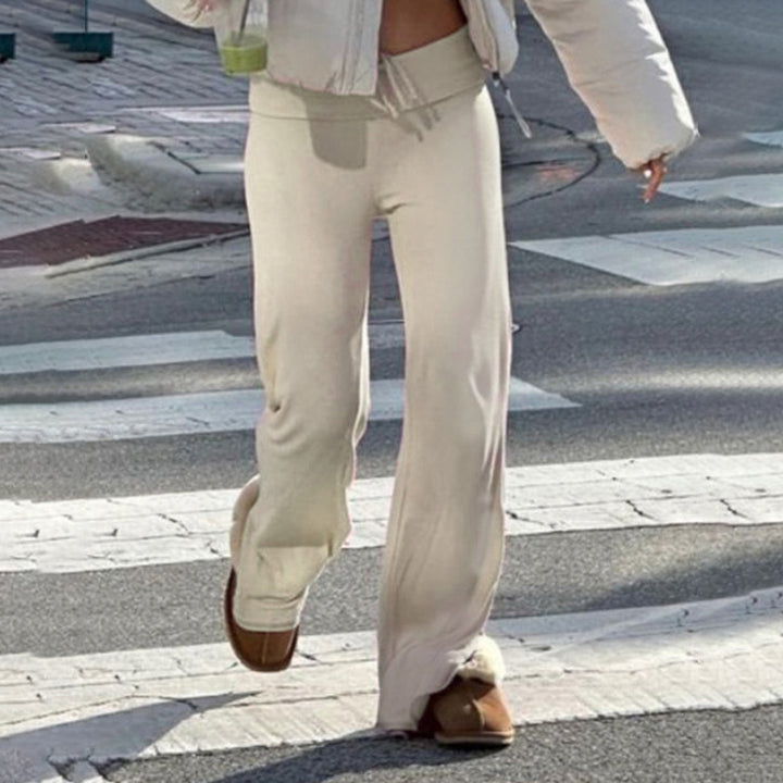 Women's soft high-waist lounge pants made of cotton blend with elastic comfort waistband, drawstring, and straight leg Mune Fashion
