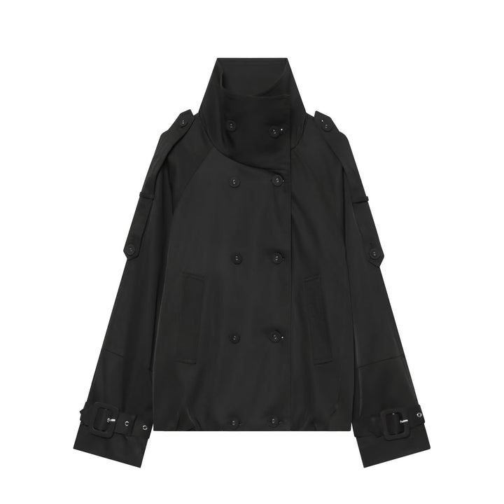 Women's Short Cape Trench with High Funnel Collar and Adjustable Sleeve Straps Mune Fashion