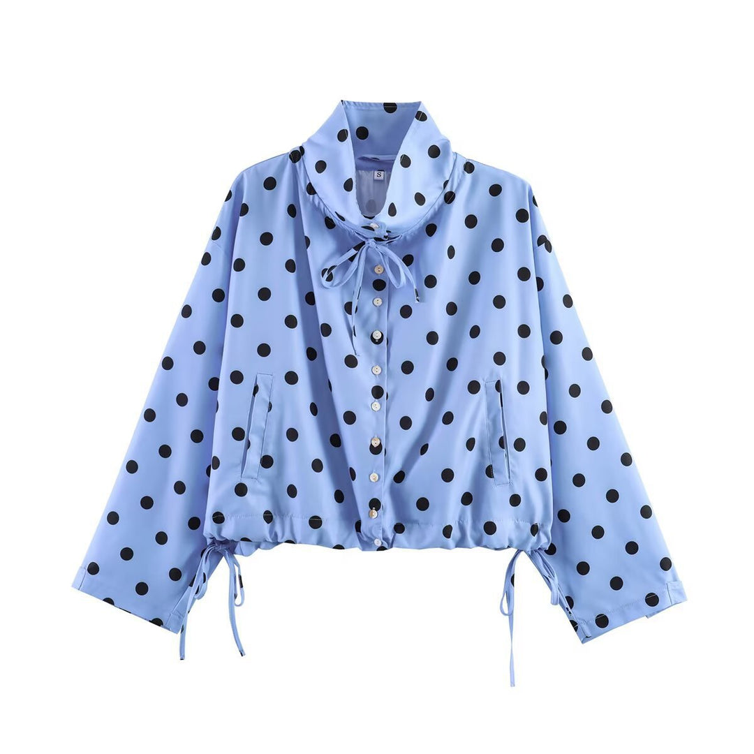 Women's Cropped Polka Dot Transition Jacket with Stand-Up Collar, Drawstring Hem and Button Placket Mune Fashion