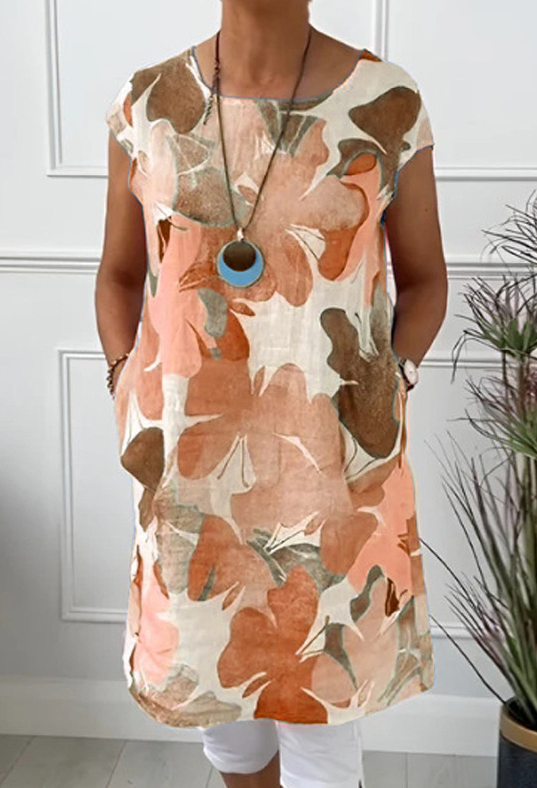 Ladies' airy tunic midi dress made of linen blend with watercolor flower print and side pockets Mune Fashion