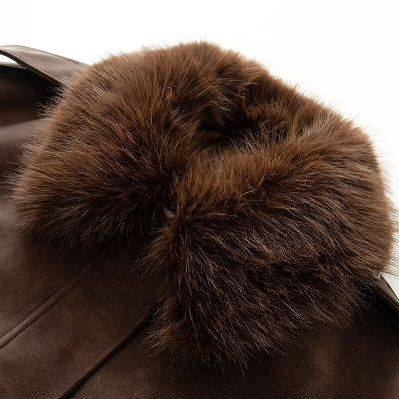 Women's Oversize Bomber Jacket in Suede Look with Removable Fur Collar Mune Fashion