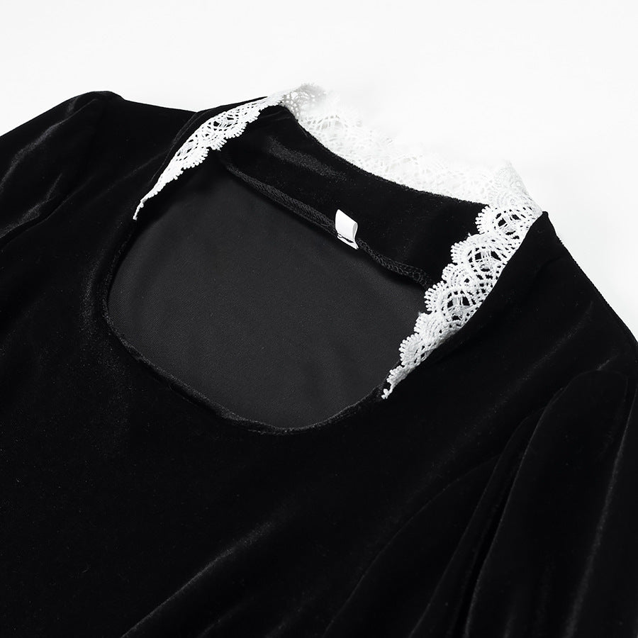 Women’s maxi dress made of velvet with square neckline, puff sleeves, and lace trim Mune Fashion