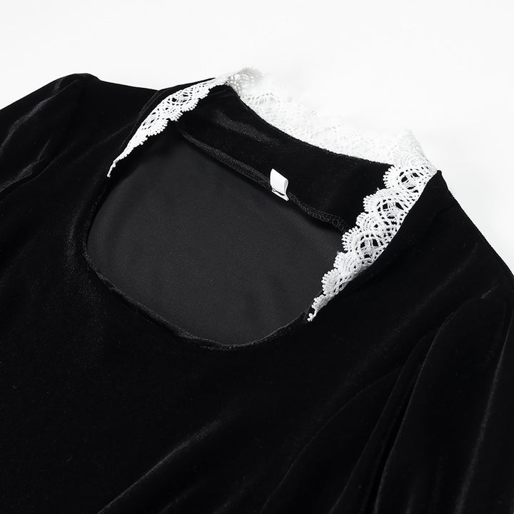 Women’s maxi dress made of velvet with square neckline, puff sleeves, and lace trim Mune Fashion