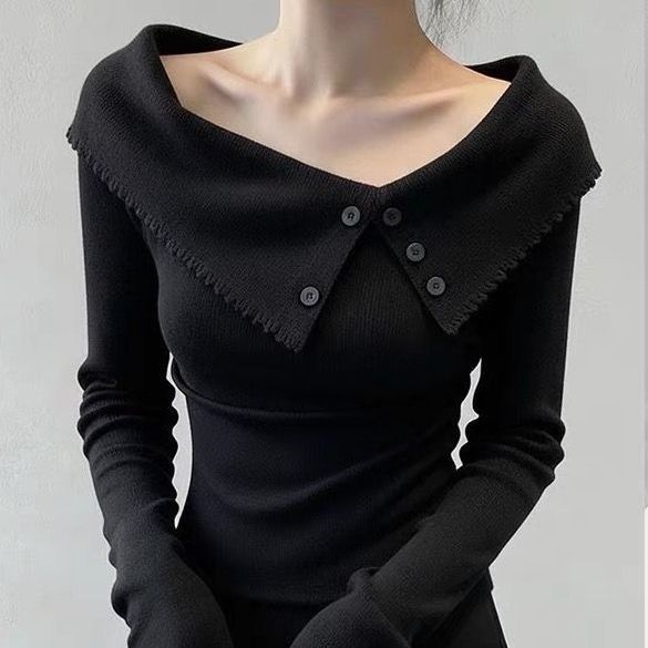 Ladies Elegant Sweater with Wide Collar and Button Details Mune Fashion