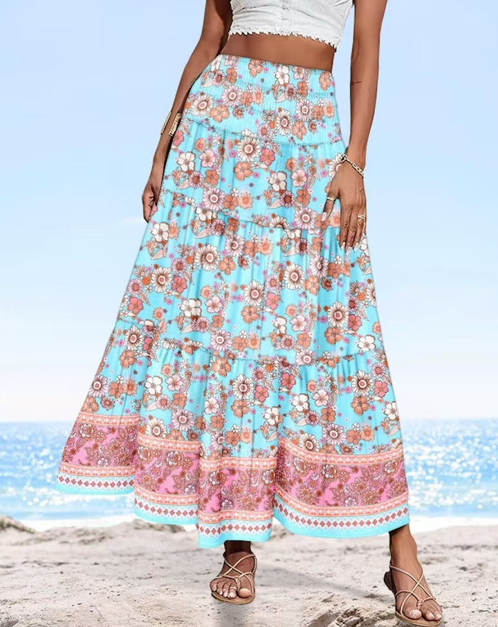 Women's maxi skirt with elastic smocked waistband and flowing paisley print Mune Fashion