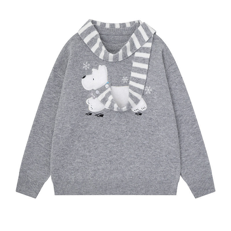 Women's Cozy Knit Sweater with Polar Bear Applique and Integrated Striped Scarf Mune Fashion