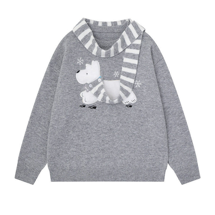 Women's Cozy Knit Sweater with Polar Bear Applique and Integrated Striped Scarf Mune Fashion