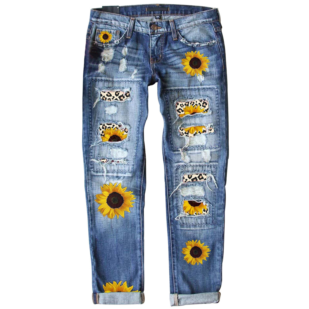 Ladies nan vintage skinny jeans with leopard patches and glitter trim Mune Fashion