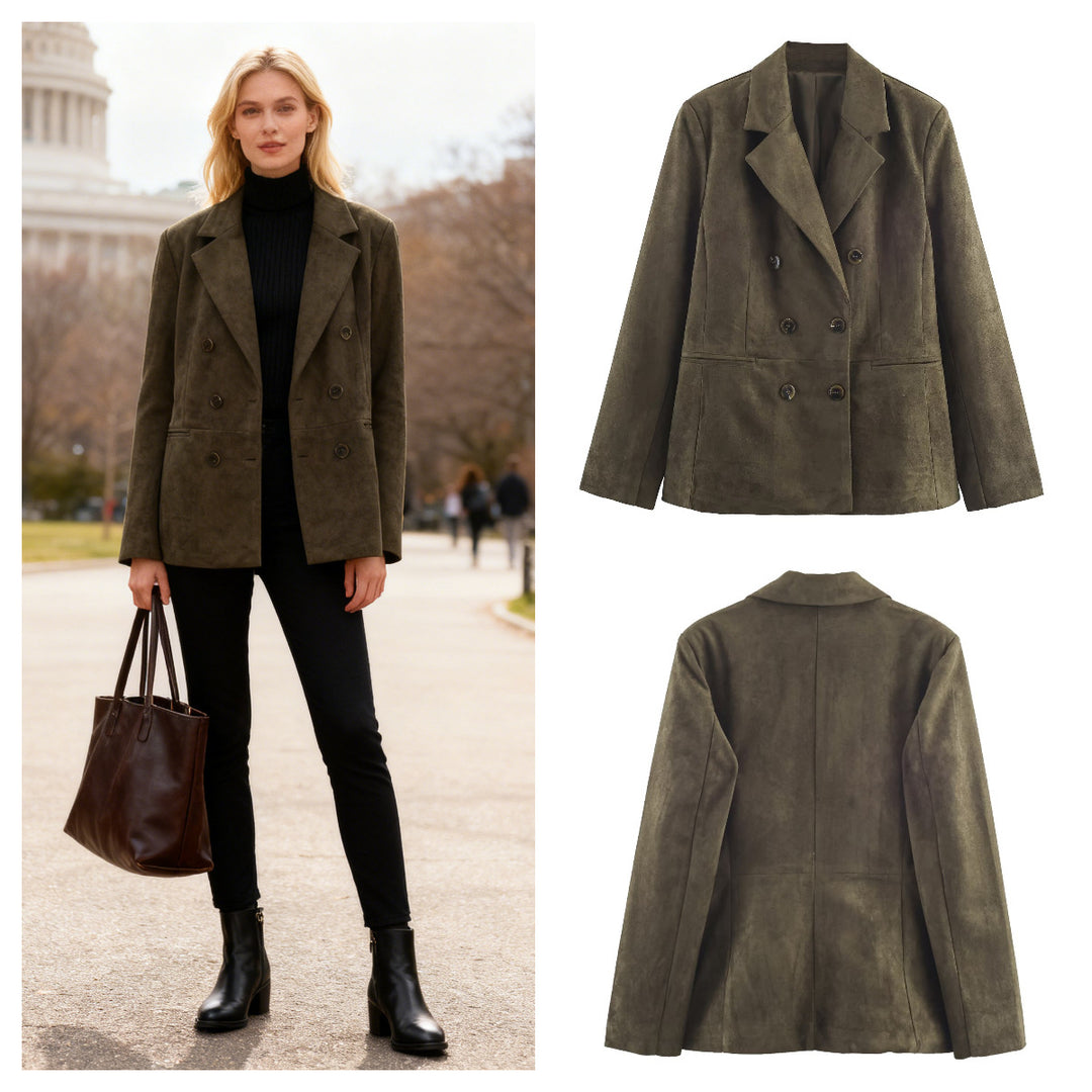 Women's Double-Breasted Suede Look Blazer with Lapel Collar and Flap Pockets Mune Fashion