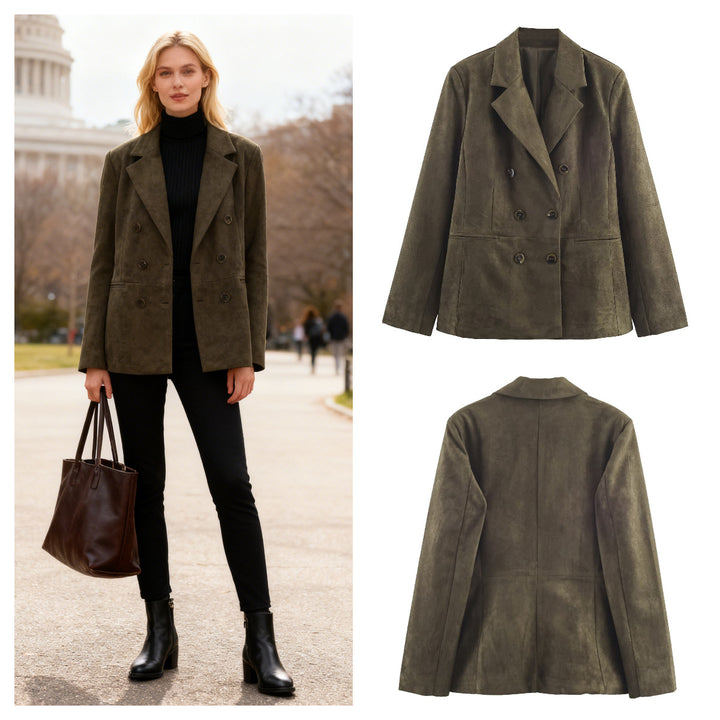 Women's Double-Breasted Suede Look Blazer with Lapel Collar and Flap Pockets Mune Fashion