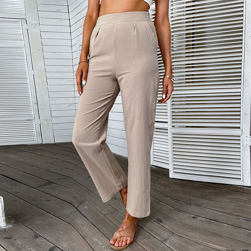 Women's Lightweight Linen Look Trousers with High Waist and Straight Leg Mune Fashion