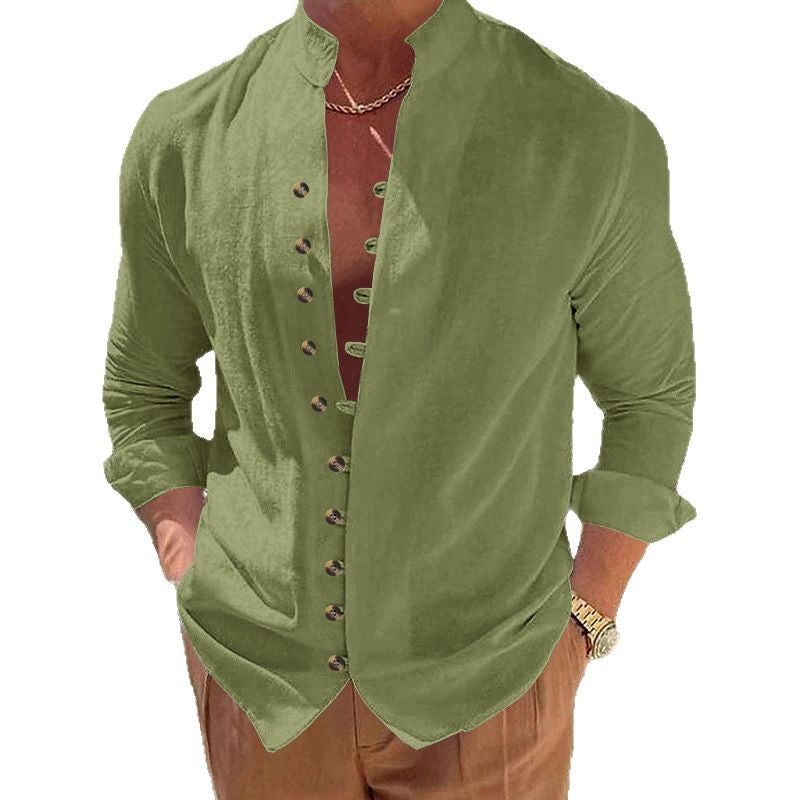 Men's long-sleeved stand-collar shirt made from a lightweight linen-viscose blend with asymmetric decorative button placket Mune Fashion