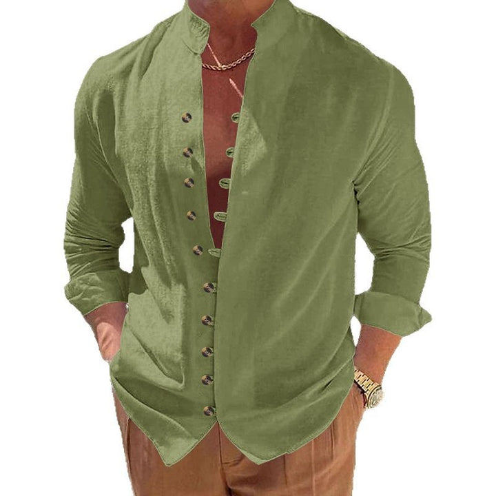 Men's long-sleeved stand-collar shirt made from a lightweight linen-viscose blend with asymmetric decorative button placket Mune Fashion