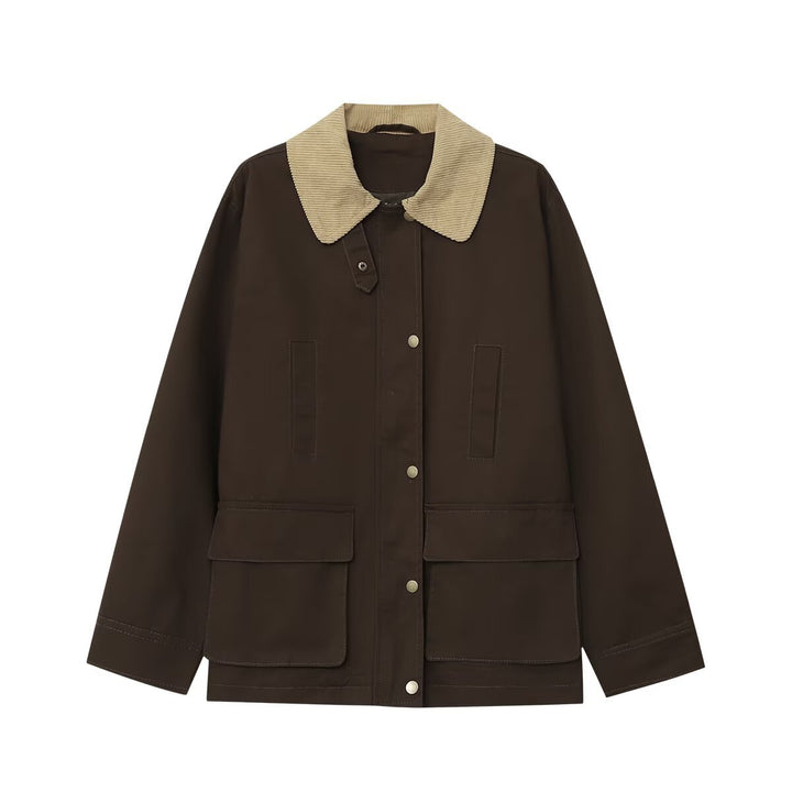 Women's field jacket in parka style with corduroy collar, snap button closure, and patch front pockets Mune Fashion