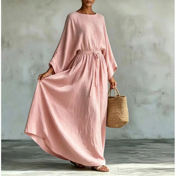 Women's Long Linen Look Kaftan Dress with Drawstring Waist and Batwing Sleeves Mune Fashion