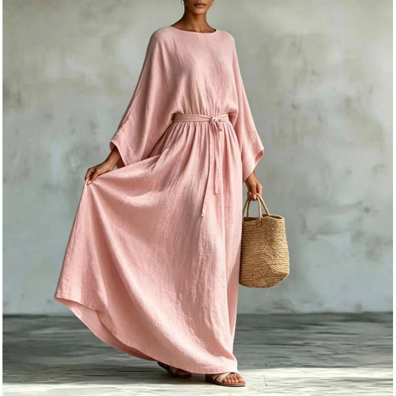 Women's Long Linen Look Kaftan Dress with Drawstring Waist and Batwing Sleeves Mune Fashion