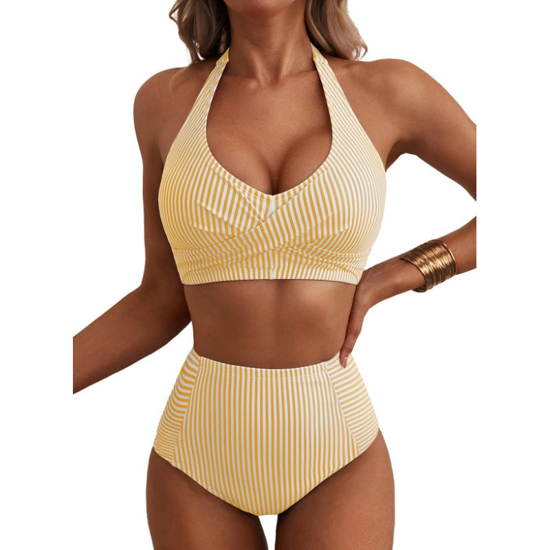 Women High-Waisted Striped Bikini Mune Fashion