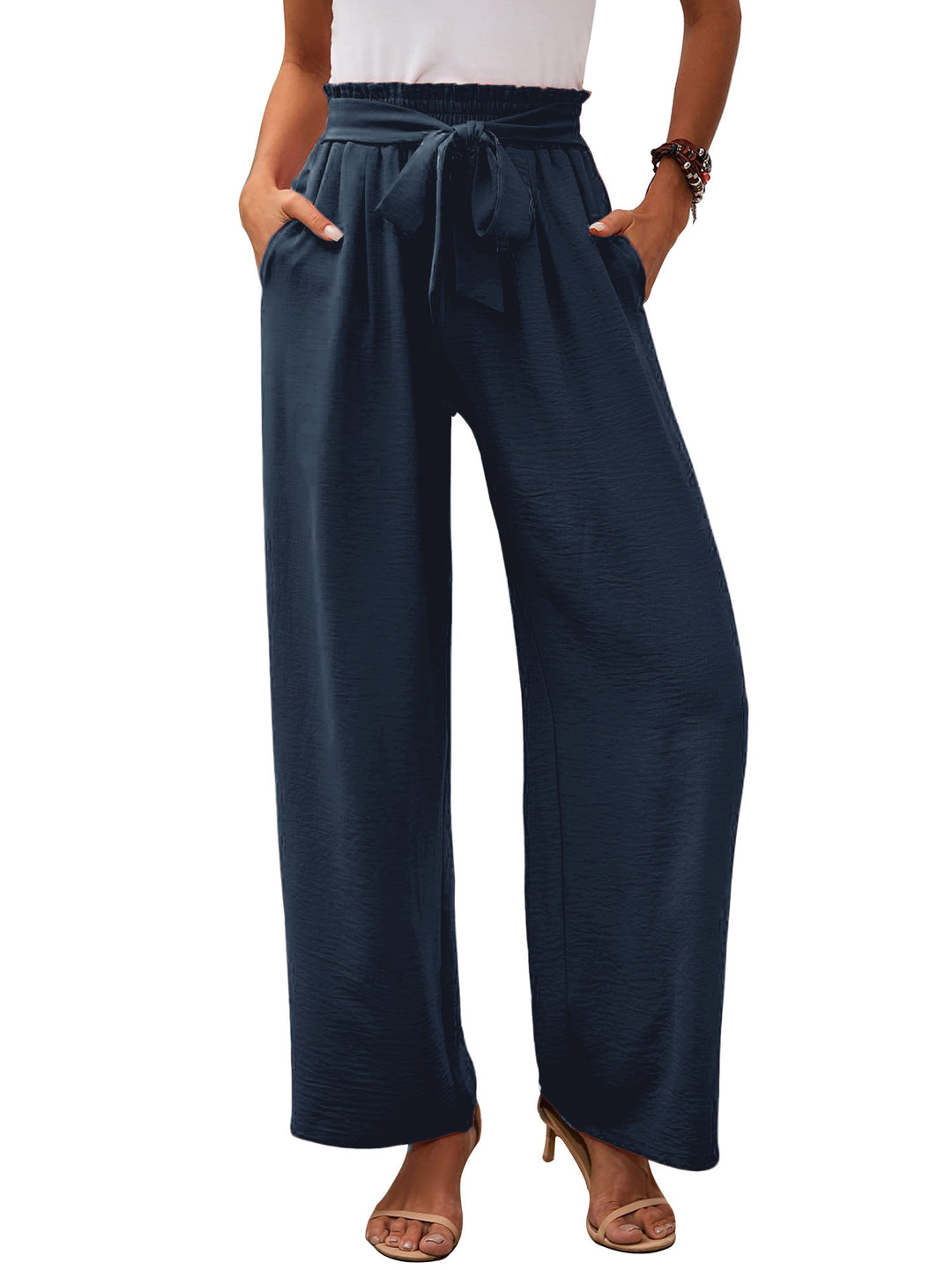 Women's paperbag pants with wide leg, elastic waist and tie belt Mune Fashion
