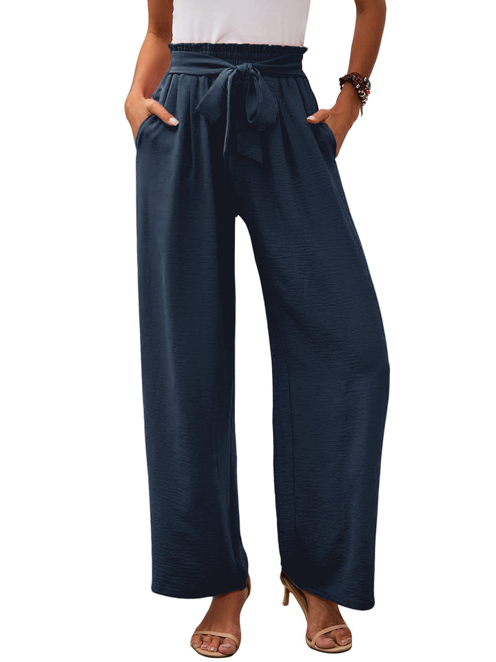 Women's paperbag pants with wide leg, elastic waist and tie belt Mune Fashion