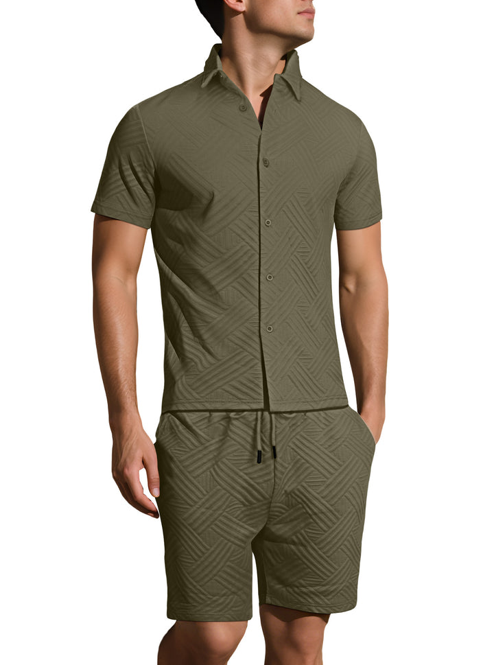 Men's lightweight short-sleeve shirt and Bermuda two-piece set with embossed woven texture and drawstring waistband Mune Fashion