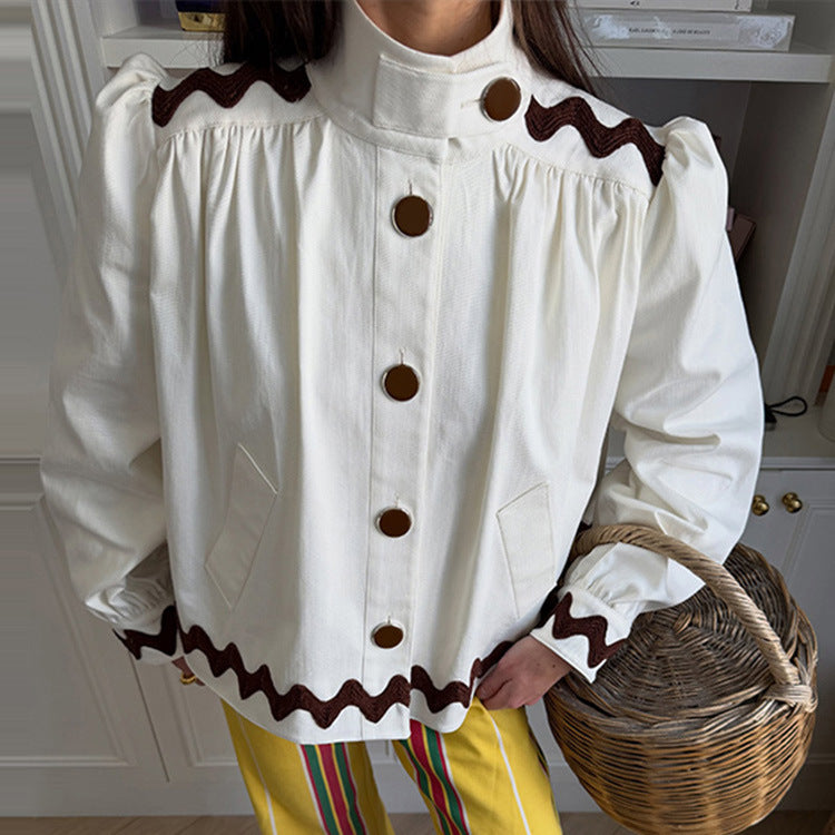 Ladies short jacket with stand-up collar, decorative wave edge and decorative button placket Mune Fashion