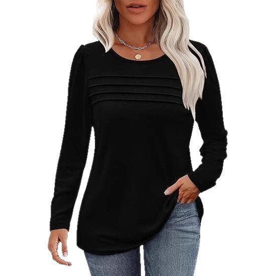 Women Fine Long Sleeve Shirt with Round Neck, Decorative Darts and Slightly Fitted A-Line Mune Fashion