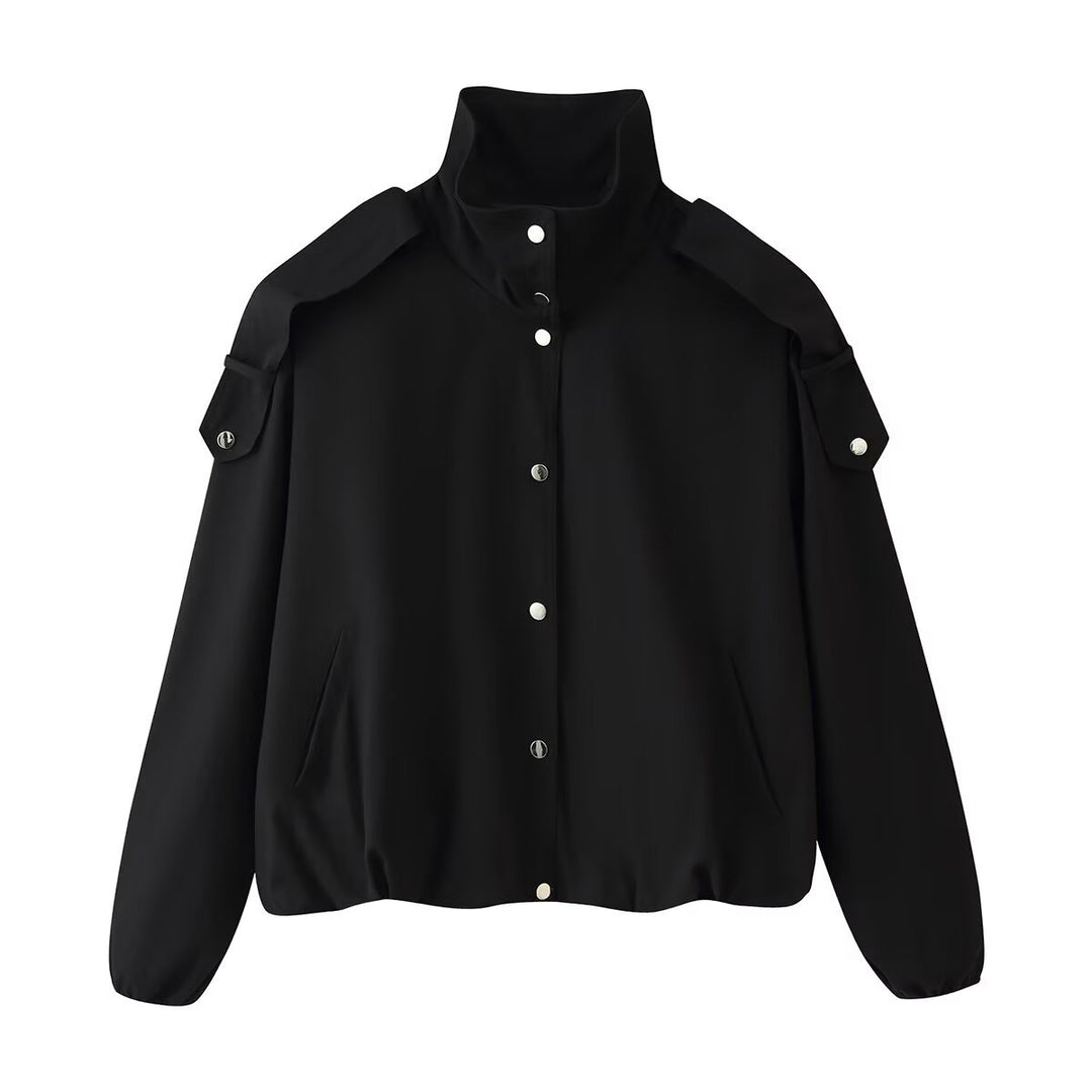 Ladies short jacket with high stand-up collar, shoulder pads and snap button placket Drune