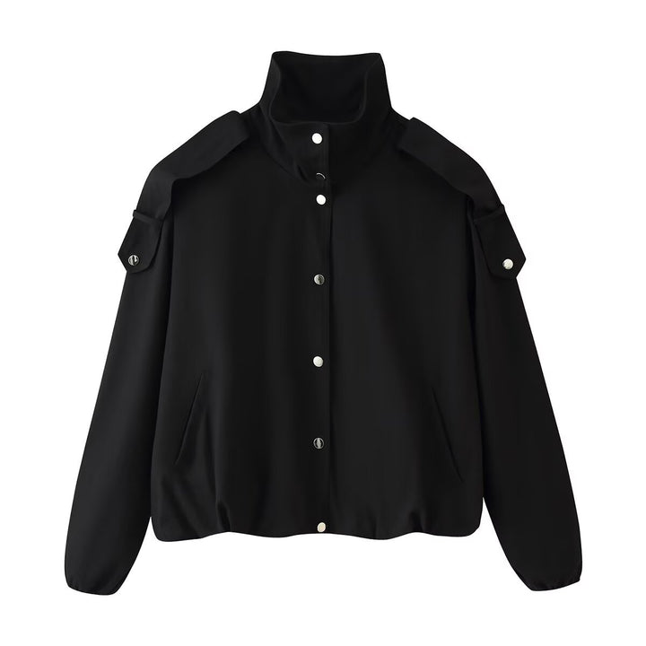 Ladies short jacket with high stand-up collar, shoulder pads and snap button placket Drune