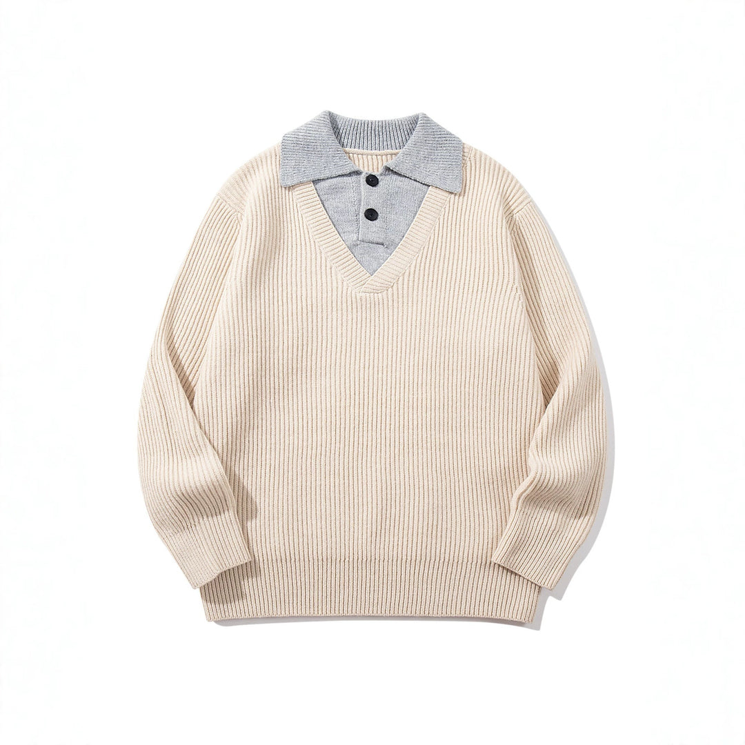 Men's Ribbed Knit Sweater with Polo Collar Insert and Deep V-Neck Mune Fashion