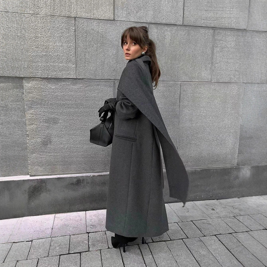 Women’s Maxi Length Wool Mix Coat with Integrated Loop Scarf and Clean Lapel Mune Fashion